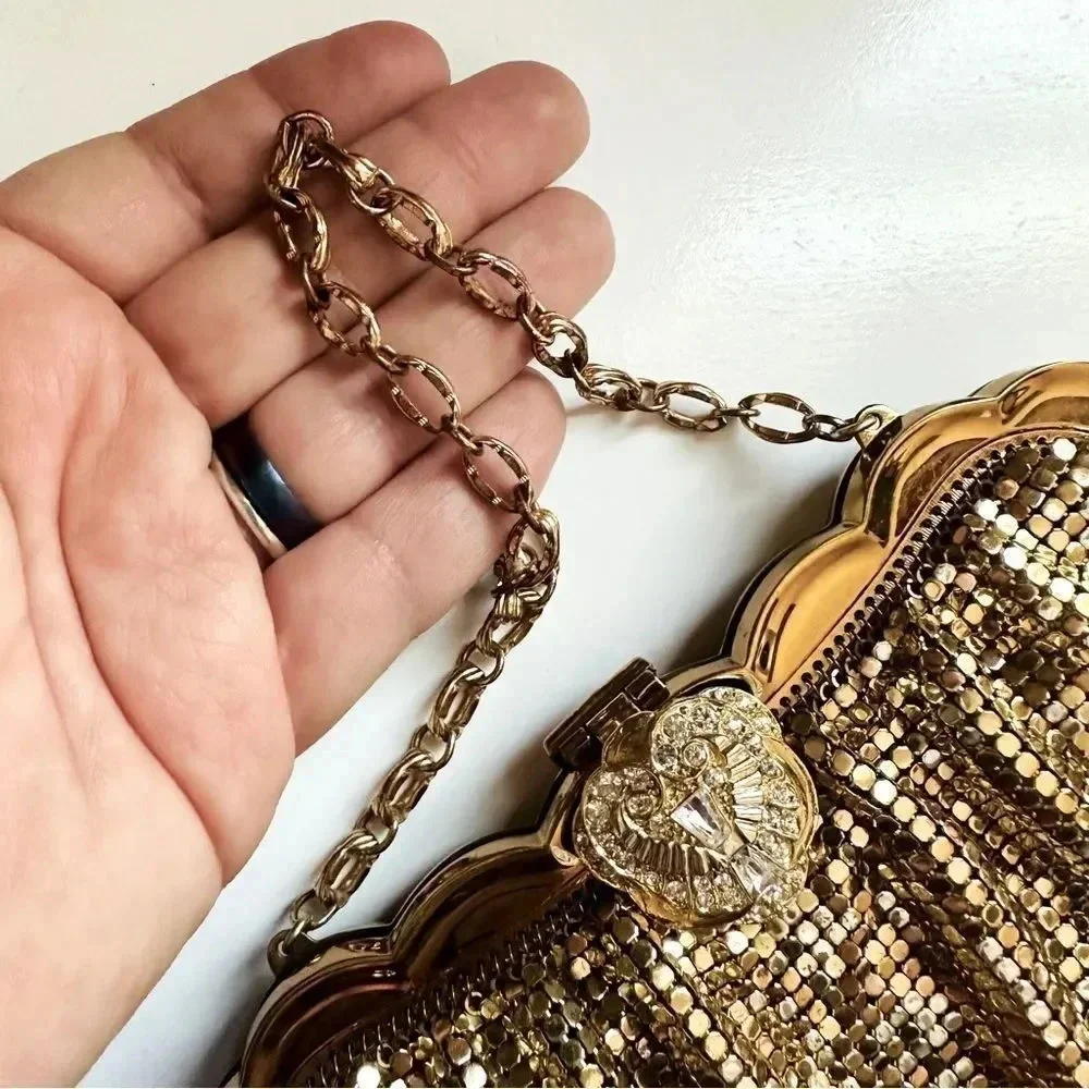 Whiting & Davis Co Vintage Golden Mesh Bag With Rhinestone/Jeweled Clasp